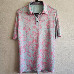 Oahu Golf Polo Shirt Mens XS Blue Pink Hibiscus Floral Performance Golf OGA UV